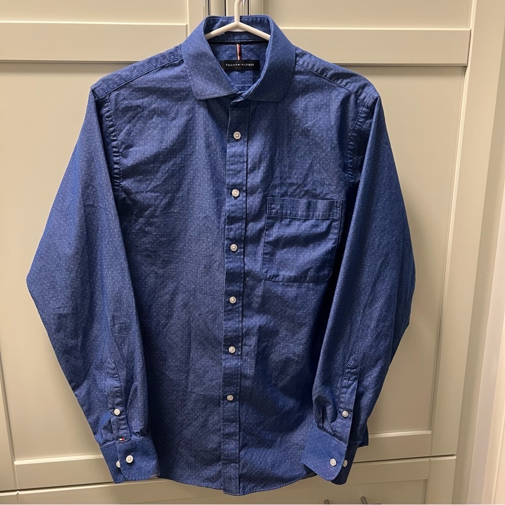 TOMMY HILFIGER Oeko-Tex Blue Button Down Shirt Size Med 15 34/35 Extra Buttons